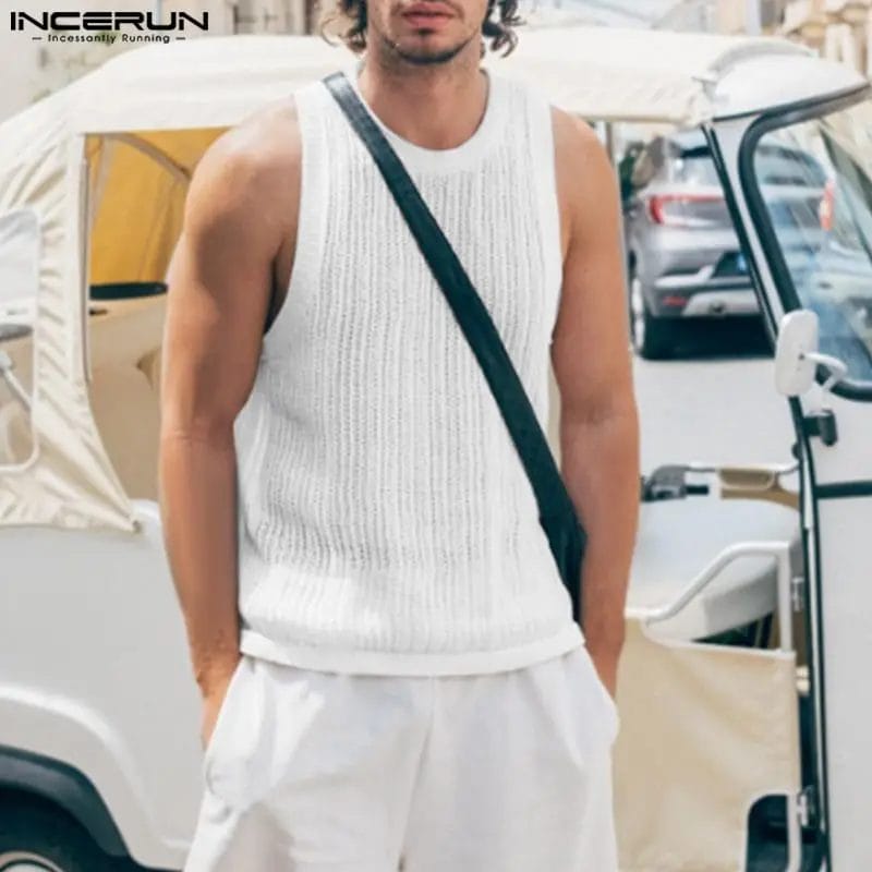 Men Tank Tops Solid Color Hollow Out O-neck Sleeveless Fashion Male Vests Streetwear 2024 Transparent Men Clothing INCERUN S-2XL 1