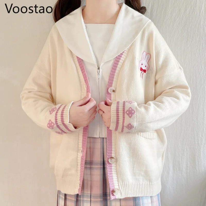 Spring Autumn Sweet Lolita Style Bunny Knitted Cardigan Girly Cute Rabbit Embroidery JK Sweater Winter Women Kawaii Chic Coats 1