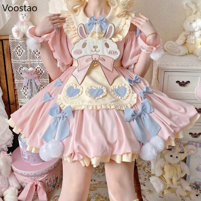 Japanese Kawaii Lolita OP Dress Women Sweet Cute Cartoon Bunny Bow Princess Party Dresses Girls Harajuku Short Sleeve Mini Dress 1