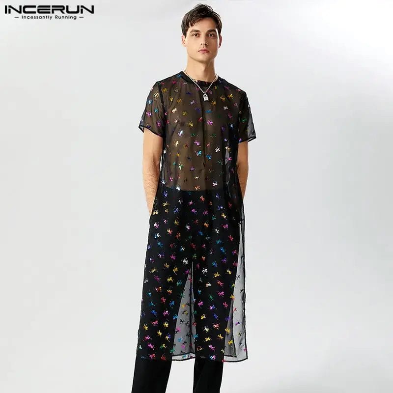 2023 Men Long Style T Shirt Mesh Transparent O-neck Short Sleeve Male Tee Tops Streetwear Sexy Printing Camisetas INCERUN S-5XL 1