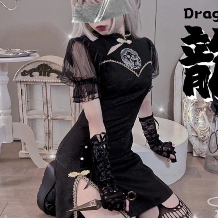 Gothic Vintage Cheongsam Dress Summer Women Chinese Style Elegant Dragon Embroidery Y2k Lolita Dresses Sexy Evening Vestidos 1