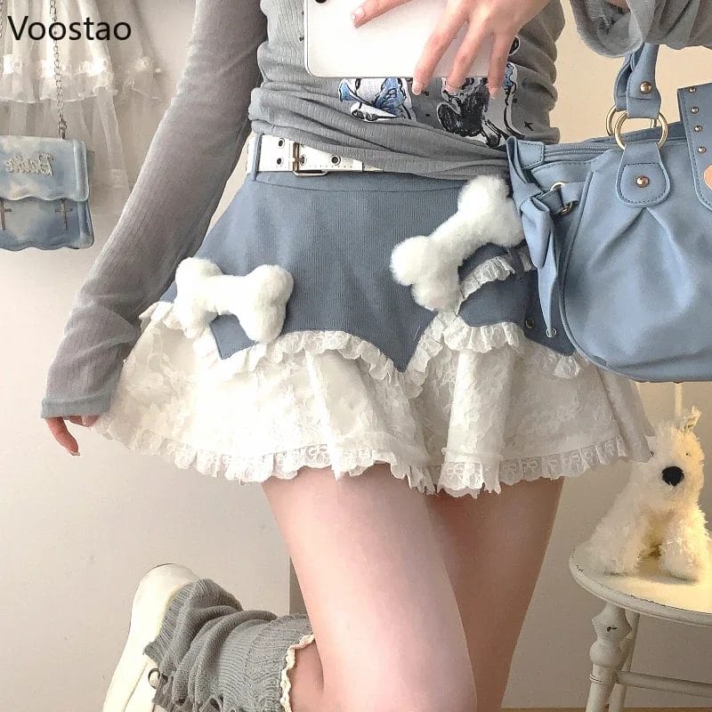 Japanese Y2k Punk Skirts Women Vintage Gothic Lolita Plush Bone Lace Ruffles Party Skirt Girls Casual High Waist Skirt With Belt 1