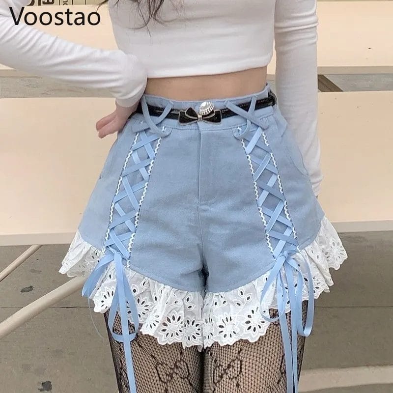 Sweet Lolita Style Shorts Summer Women Korean Lace Ruffles Patchwork Bandage High Waist Shorts Female Harajuku Punk Short Pants 1
