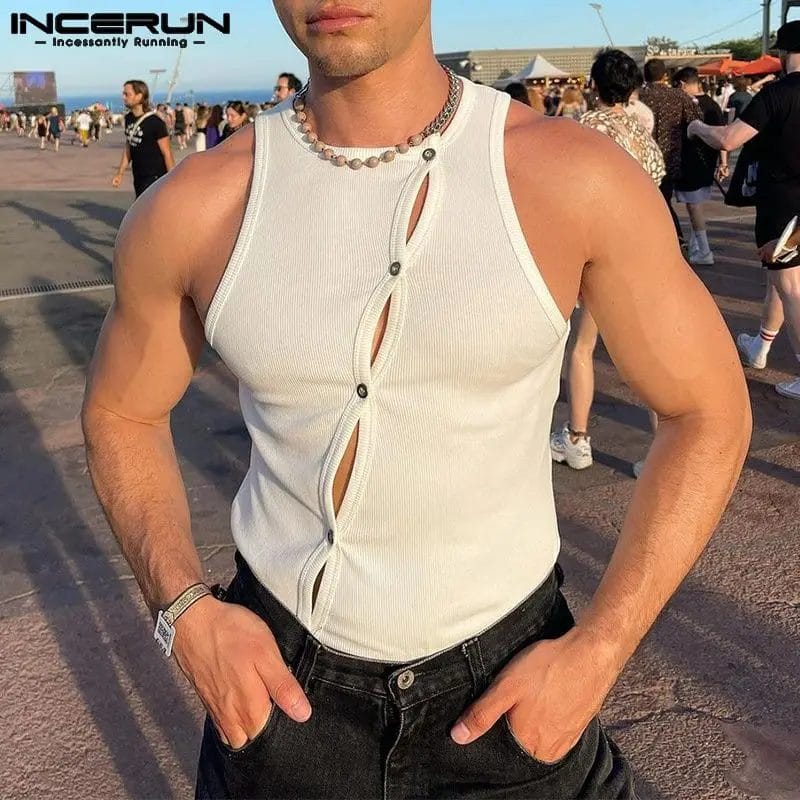 INCERUN Men Tank Tops Solid O-neck 2023 Sleeveless Hollow Out Button Male Vests Streetwear Fitness Sexy Fashion Men Clothing 5XL 1