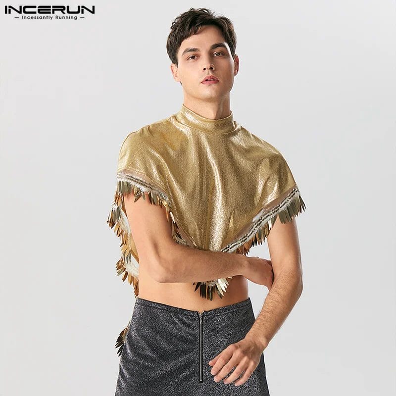 INCERUN Men Irregular T Shirt Cloak Tassel Patchwork Shiny Turtleneck Loose Male Ponchos Streetwear 2024 Fashion Casual Tee Tops 1