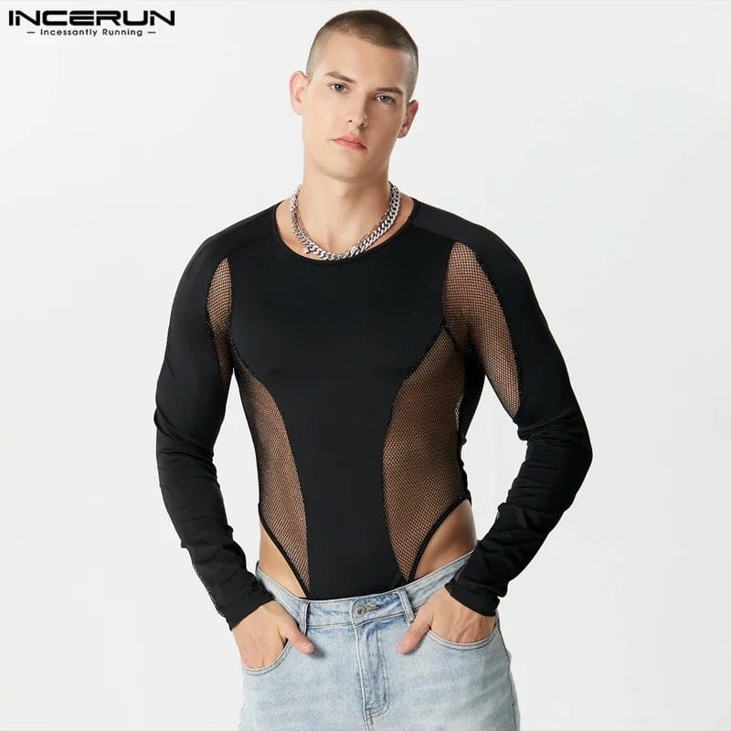 Men's Bodysuits Mesh Patchwork O-neck Long Sleeve Transparent Bodysuit Streetwear Sexy Fitness 2023 Fashion Men Rompers INCERUN 1