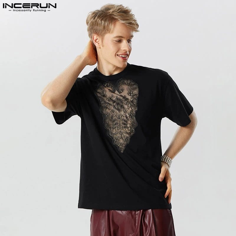 INCERUN 2023 Men T Shirt Lace Patchwork See Through Summer O-neck Short Sleeve Camisetas Streetwear Fashion Men Clothing S-5XL 1