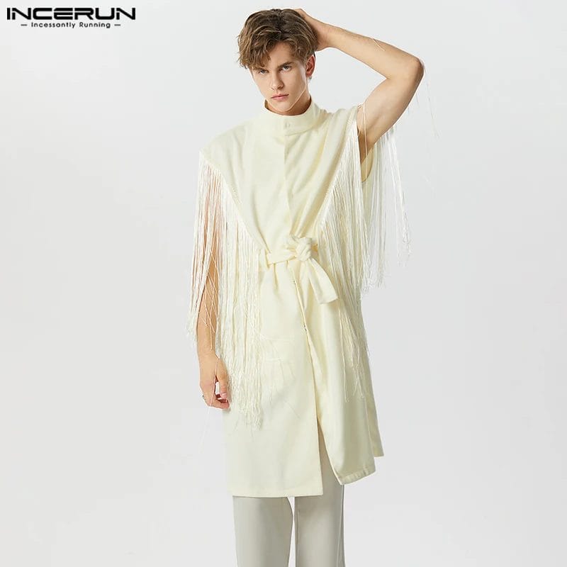 INCERUN 2023 Men Cloak Coats Tassel Patchwork Stand Collar Sleeveless Trench Long Style Ponchos With Belt Streetwear Waistcoats 1