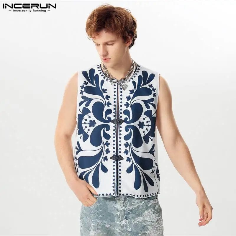 2024 Men's Shirt Printing O-neck Sleeveless Button Streetwear Casual Male Kimono Vests Summer Vintage Men Clothing S-5XL INCERUN 1
