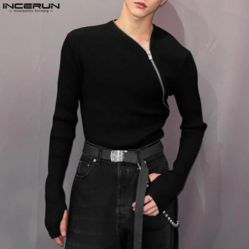 2023 Men's T Shirt Zipper Solid Color Long Sleeve Fashion Men Clothing Streetwear Fitness Korean Casual Tee Tops S-5XL INCERUN 1