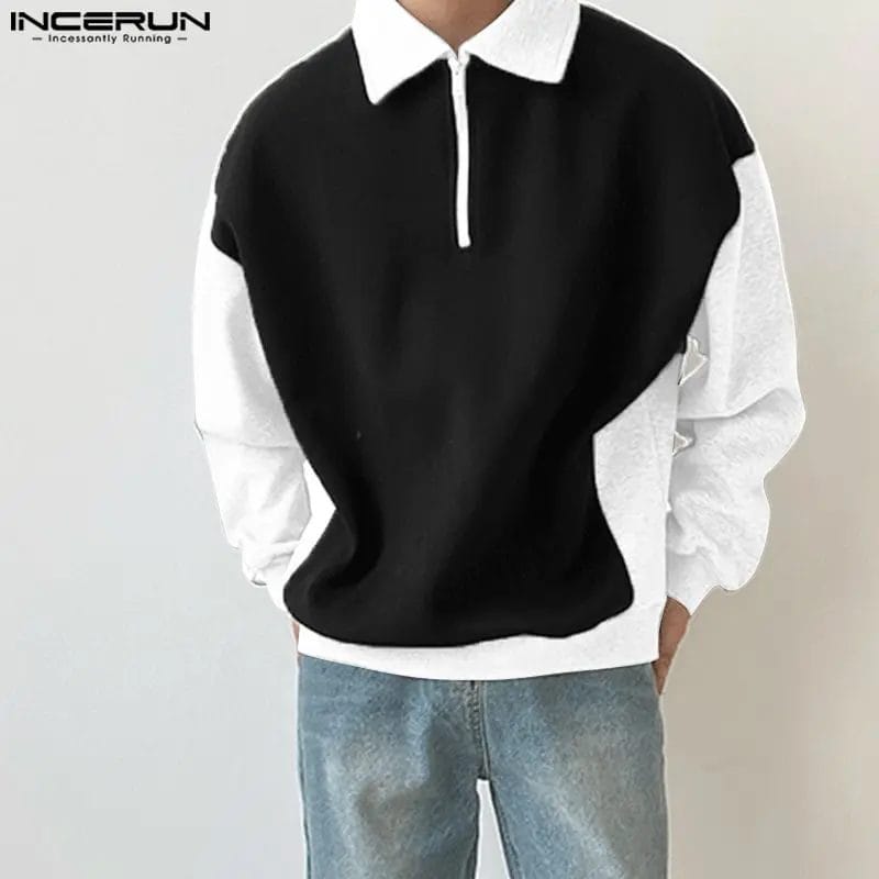 INCERUN Men Hoodies Lapel Long Sleeve Zipper Patchwork Streetwear Casual Sweatshirts Men 2024 Fashion Leisure Pullovers S-5XL 1