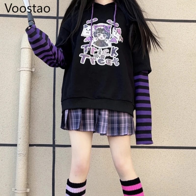 Gothic Anime Print Hoodies Fake Two Piece Hooded Sweatshirt Striped Long Sleeve Patchwork JK Hoodie Teens Punk Y2K Clothes Tops 1