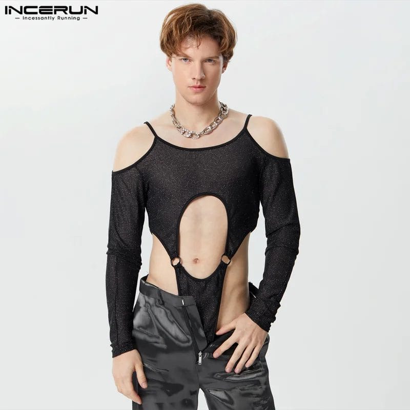 2024 Men Bodysuits Solid Shiny Hollow Out Long Sleeve Off Shoulder Rompers Men Mesh Transparent Male Irregular Bodysuit INCERUN 1