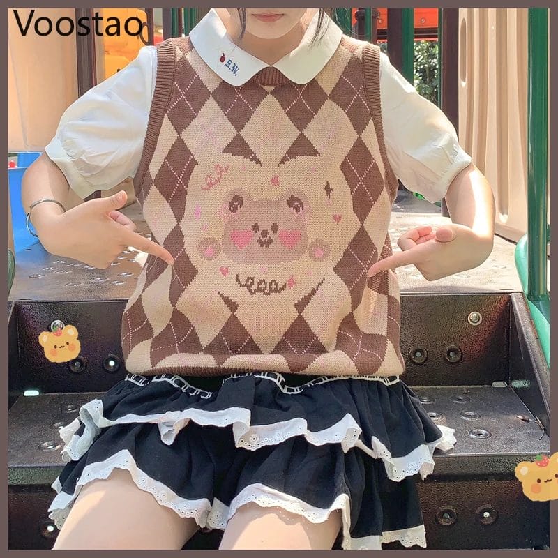 Japanese Sweet Lolita Style Cute Bear Knitted Pullovers Autumn Women Kawaii Cartoon Loose JK Sweater Vest Girly Chic Waistcoat 1