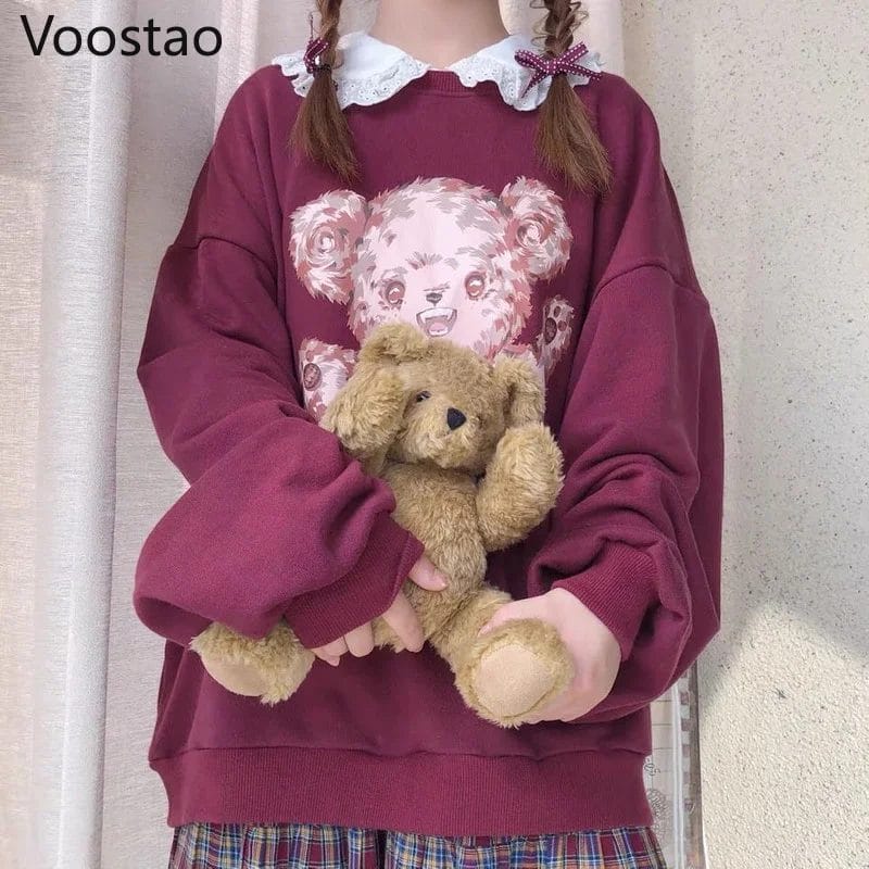 Japanese Autumn Sweet Cartoon Bear Print JK Sweatshirt Girls Kawaii Loose Lolita Hoodies Spring Women Harajuku Pullover Coats 1