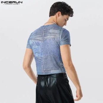 INCERUN Men T Shirt Printed Transparent O-neck Short Sleeve Sexy Tee Tops Streetwear 2024 Fitness Summer Fashion Crop Tops S-5XL 4