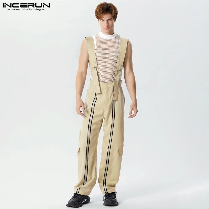 2024 Men's Cargo Jumpsuits Patchwork Loose Joggers Casual Straps Rompers Streetwear Pockets Fashion Male Overalls Pants INCERUN 1