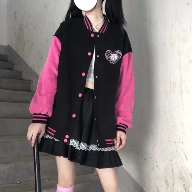 Autumn Japanese Gothic Y2K Bomber Jackets Women Streetwear Sweet Cartoon Hearts Embroidery Baseball Uniform Student Loose Coat 1