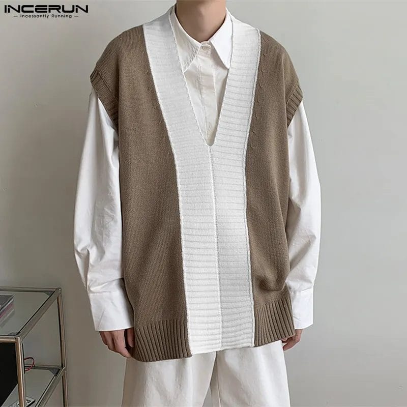 Men Casual Vests Patchwork V Neck Sleeveless 2023 Knitted Loose Waistcoats Men Streetwear Korean Stylish Vests S-5XL INCERUN 1