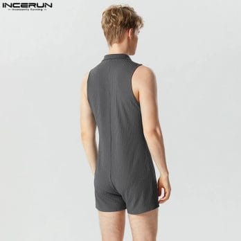 2023 Men Rompers Pajamas Solid Color Striped Homewear Lapel Short Sleeve Fashion Male Bodysuits Fitness Jumpsuits S-5XL INCERUN 2