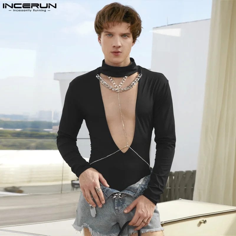 Men's Bodysuits Solid Turtleneck Long Sleeve Hollow Out Streetwear Male Rompers Sexy 2024 Fitness Fashion Bodysuit S-3XL INCERUN 1
