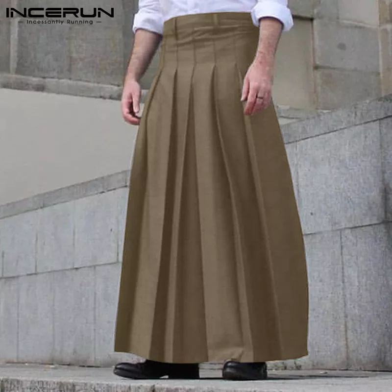 Men Skirts Pants Pleated Zipper Solid Color Streetwear Fashion Men Bottoms 2023 Loose Personality Casual Long Skirts 5XL INCERUN 1