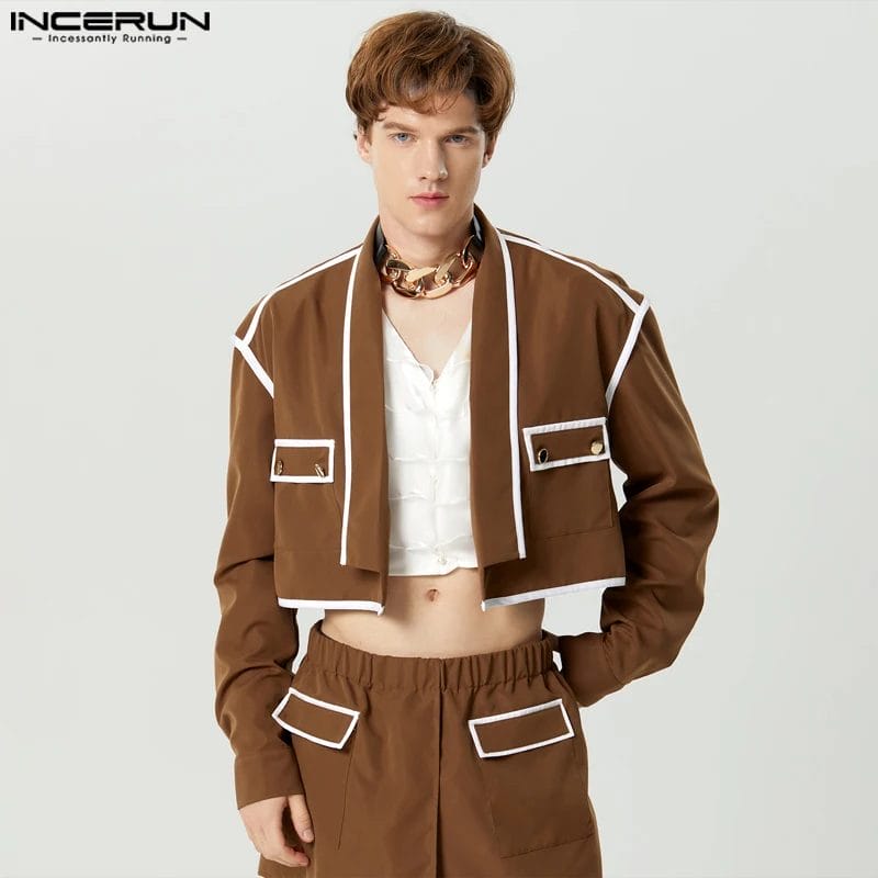 Men Blazer Patchwork Lapel Long Sleeve Open Stitch Fashion Suits Streetwear Pockets 2023 Casual Male Crop Coats S-5XL INCERUN 1