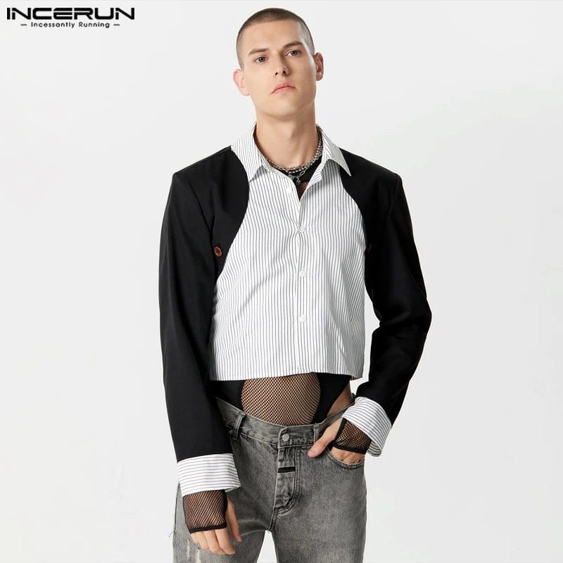 2023 Men's Shirt Striped Patchwork Lapel Long Sleeve Personality Fashion Male Crop Tops Streetwear Casual Camisas S-5XL INCERUN 1