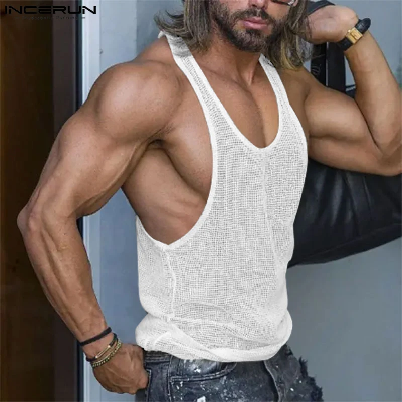 2023 Men Tank Tops Mesh Transparent Breathable O-neck Sleeveless Vests Fitness Sexy Streetwear Fashion Men Clothing INCERUN 1