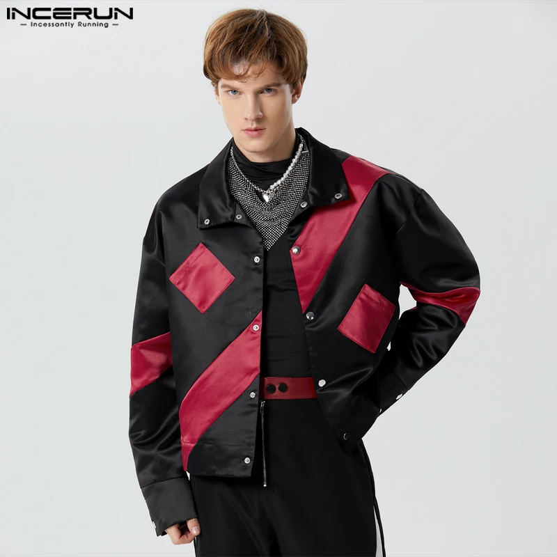 INCERUN Men Jackets Satin Patchwork Lapel Long Sleeve Button Down Fashion Male Coats Streetwear 2023 Casual Outerwear Men S-5XL 1