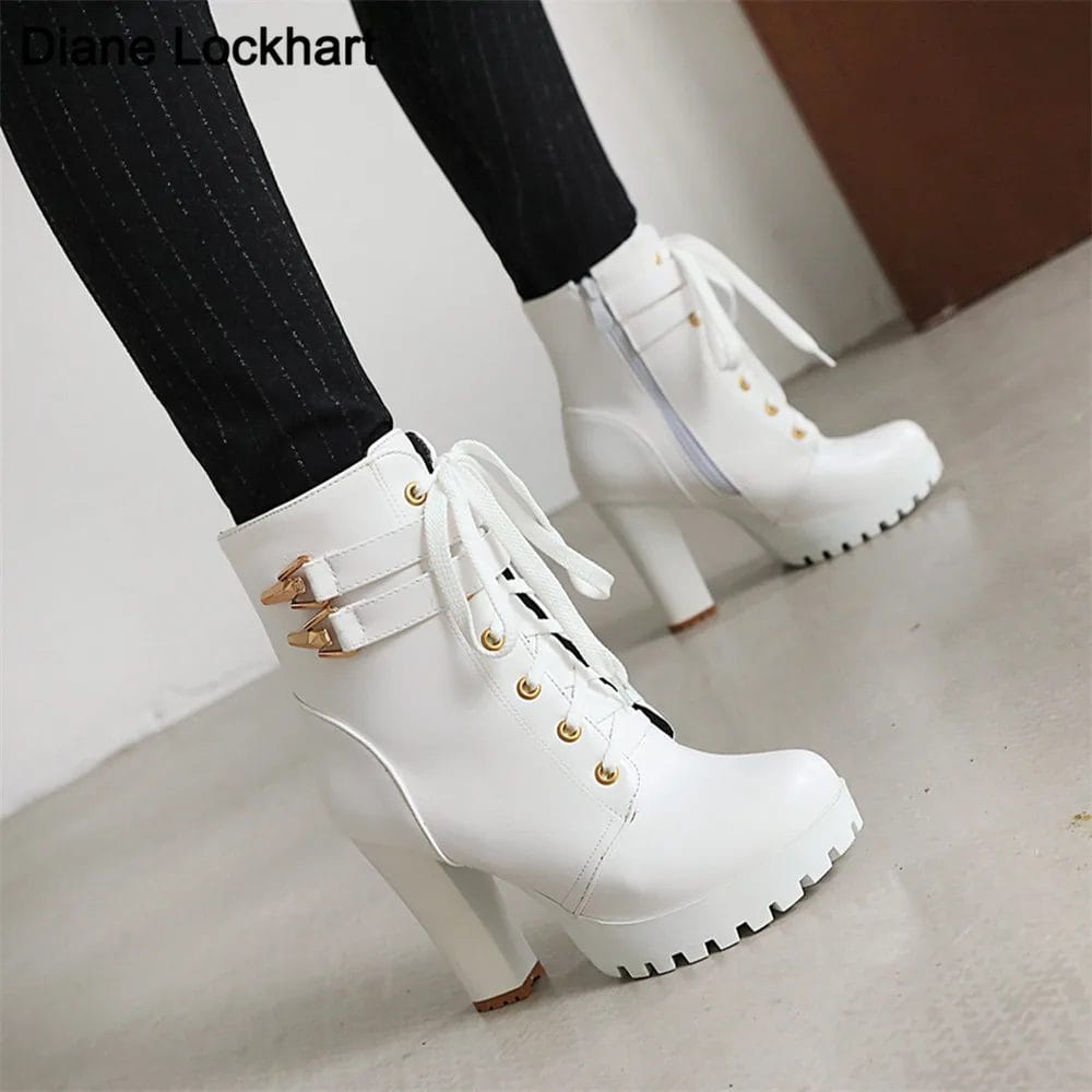 Brand Designers Autumn Winter New Women Shoes Black Heels Boots Lacing Platform Ankle Boots Chunky Heels Lace-up Botas White 1