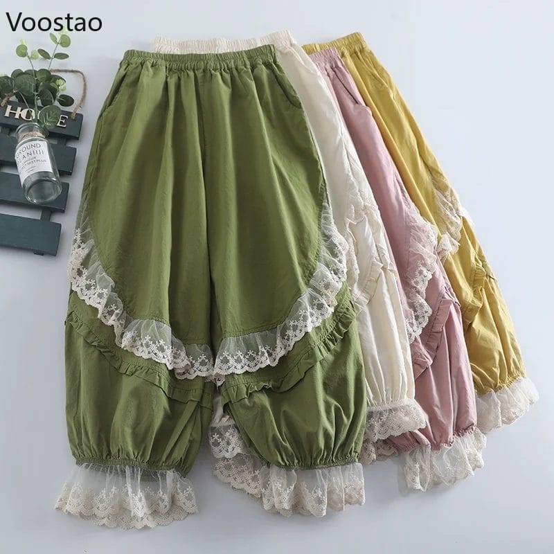 Vintage Sweet Lolita Bloomers Women Kawaii Lace Ruffles Patchwork Loose Pants Girls Casual Elastic Waist Trousers Ropa Mujer 1