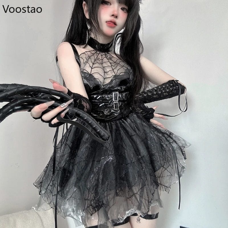 Gothic Lolita Women's Halloween Dress Black Sexy Seductive Spiderweb Cosplay Costumes Little Devil Faux Leather Mesh Uniform Set 1