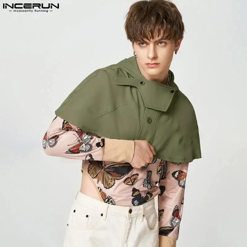 INCERUN Men Trench Cloak Solid Color Button Sleeveless Hooded Casual Ponchos Streetwear 2023 Fashion Irregular Coats Cape S-5XL 1