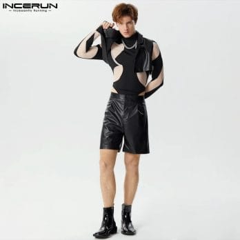 INCERUN 2024 Men Sets PU Leather Streetwear Solid Lapel Sleeveless Crop Vests & Shorts 2PCS Fashion Men's Casual Suits S-5XL 4