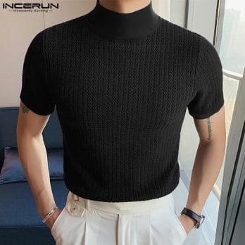 2023 Men T Shirt Solid Color Turtleneck Short Sleeve Men Clothing Fitness Streetwear Korean Style Casual Tee Tops S-5XL INCERUN 4
