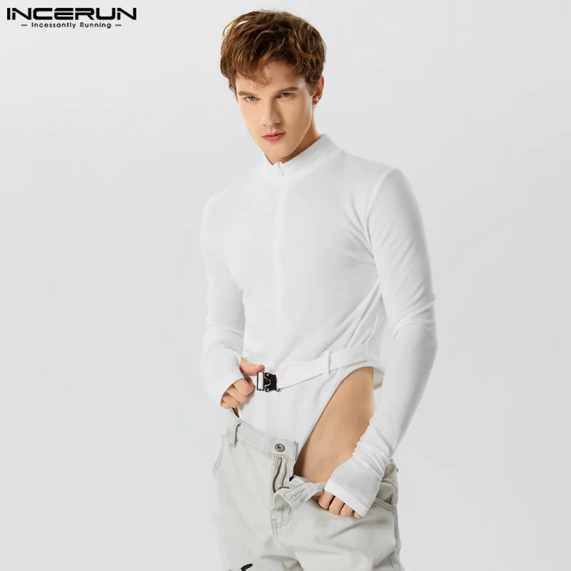 INCERUN 2023 Men Bodysuits Solid Turtleneck Long Sleeve Zipper Casual Male Rompers Streetwear Fitness Fashion Bodysuit T Shirts 1