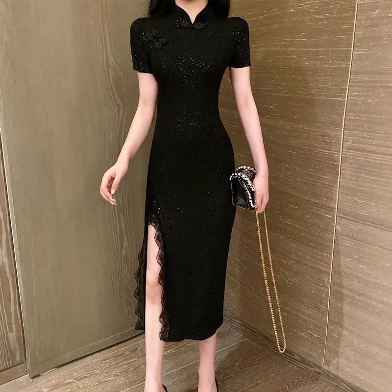 Chinese Style Dress Vintage Qipao Evening Party Dress Vestido Black Lace Sexy Gothic Long Robe Cheongsam Traditional for Women 1
