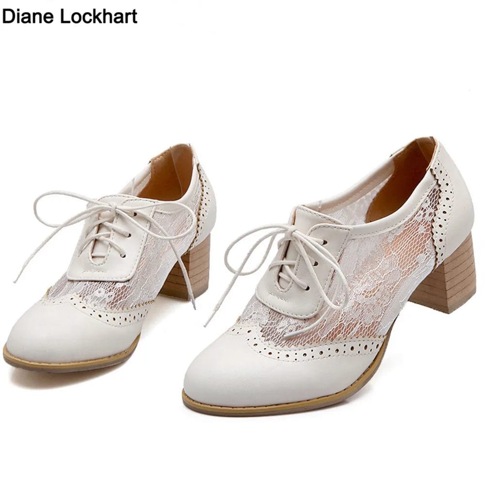 2024 New Women Lace Mesh Breathable Pumps Shallow Brogue Shoes Ladies Vintage Oxford Shoes Lace-Up Chunky High Heels Female34-43 1