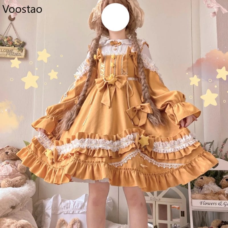 Original Japanese Sweet Lolita Op Dress Women Cute Little Star Ruffles Long Sleeve Princess Dress Female Kawaii Tea Party Dress 1