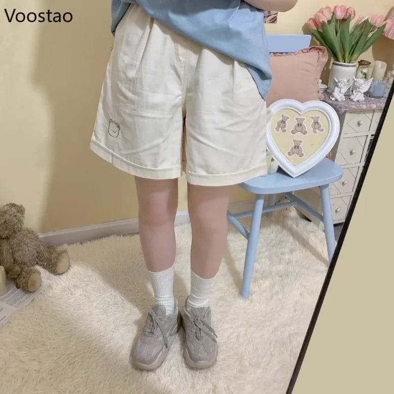 Japanese Kawaii Women Shorts Elastic High Waist Little Bear Embroidery Wide Leg Short Pants Korean Preppy Casual Students Shorts 1
