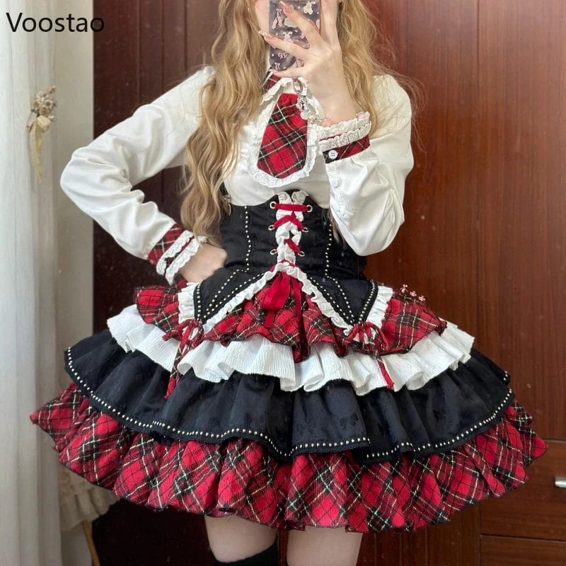 Gothic Lolita Dress Set Women Victorian Vintage Plaid Patchwork Bandage Party Dresses Harajuku Girls Korean Y2k Punk 3 Piece Set 1
