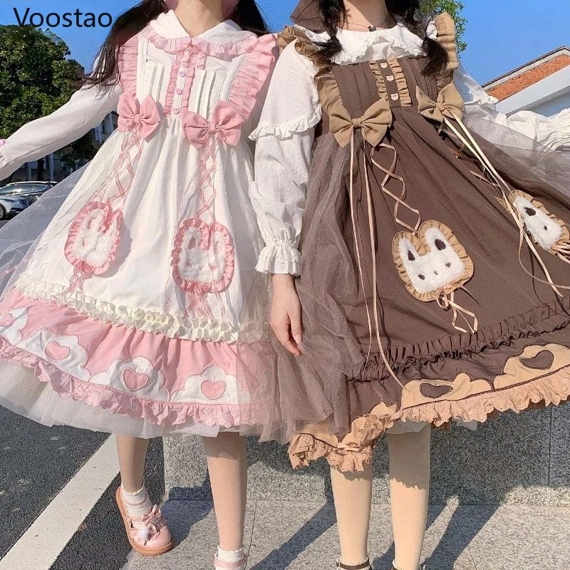 Original Japanese Sweet Lolita Jsk Dress Women Cute Cartoon Rabbit Ruffles Bow Sleeveless Princess Dresses Girl Tea Party Dress 1
