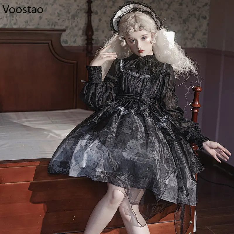 Victorian Vintage Lolita Jsk Dress Women Harajuku Black Long Sleeve Shirt Strap Dress Set Girls Ruffles Y2k Punk Party Dresses 1