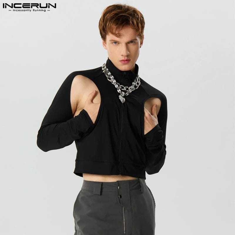 Fashion Men T Shirt Turtleneck Long Sleeve Zipper Hollow Out Irregular Crop Tops Streetwear Solid 2023 Camisetas INCERUN S-5XL 1