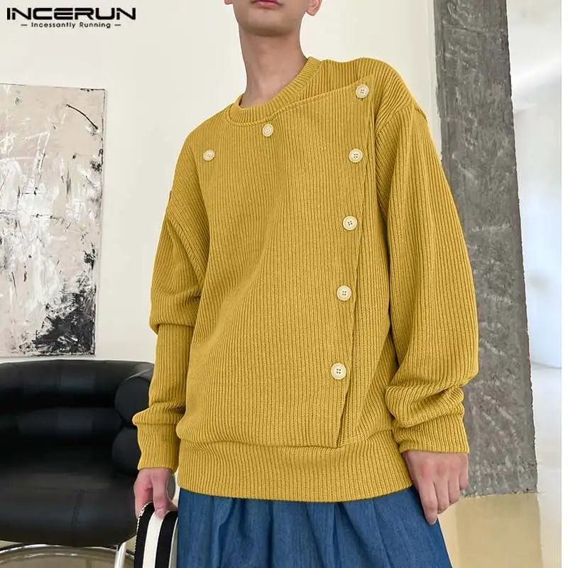 Men T Shirt Solid Color 2023 O-neck Long Sleeve Streetwear Button Korean Style Men Clothing Autumn Casual Tee Tops S-5XL INCERUN 1