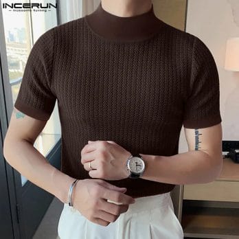 2023 Men T Shirt Solid Color Turtleneck Short Sleeve Men Clothing Fitness Streetwear Korean Style Casual Tee Tops S-5XL INCERUN 3
