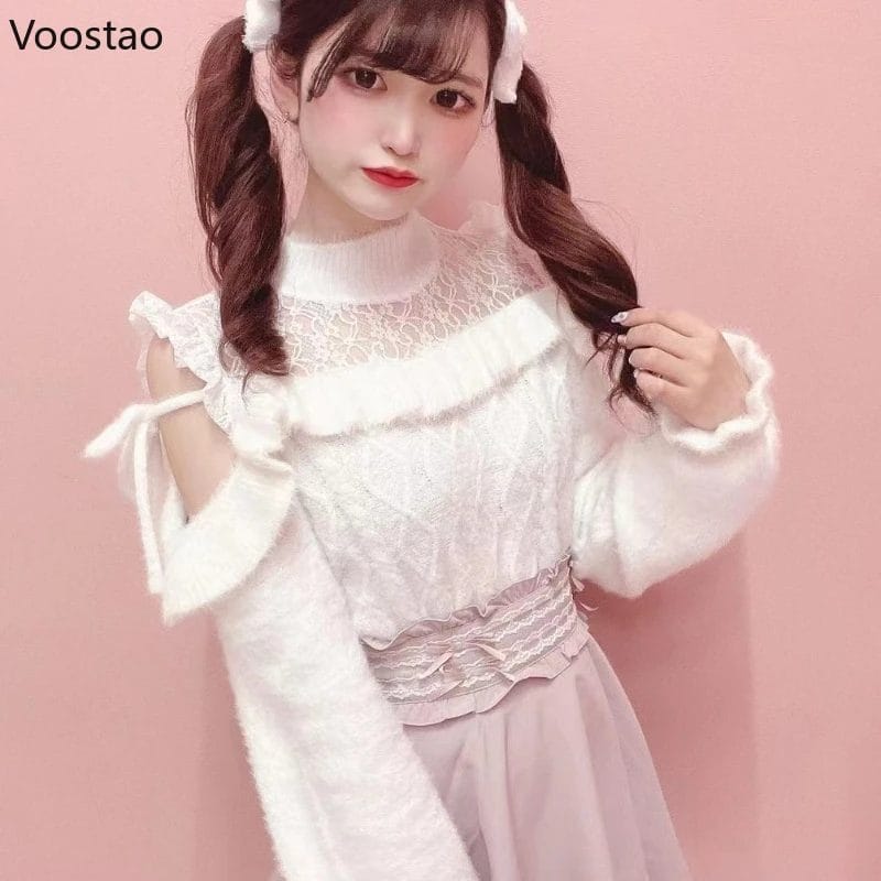 Japanese Sweet Lolita Style Knitted Pullover Girl Cute Bow Off Shoulder Lace Patchwork Mink Cashmere Sweater Women Knitwear Tops 1