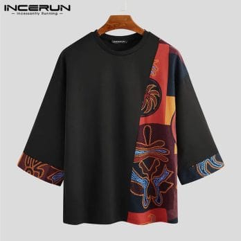 INCERUN Men Casual T Shirt Loose Printed Patchwork Round Neck Half Sleeve Vintage Tees 2023 Streetwear Mens T-shirts Plus Size 3