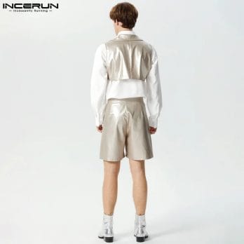 INCERUN 2024 Men Sets PU Leather Streetwear Solid Lapel Sleeveless Crop Vests & Shorts 2PCS Fashion Men's Casual Suits S-5XL 3